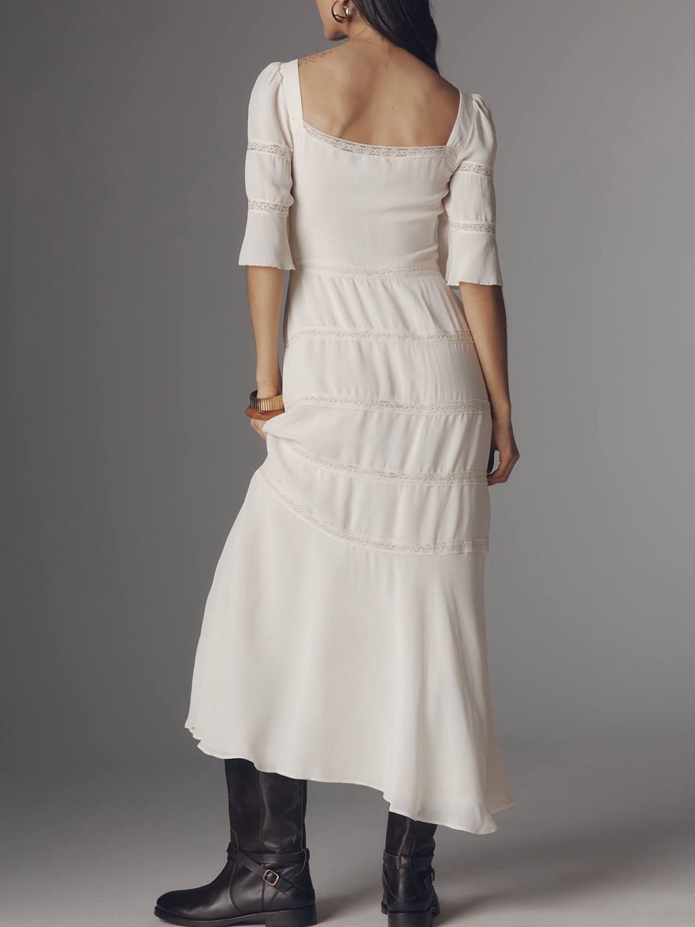 Reformation Laverna Smocked Bell-Sleeve Midi Dress in Cream - Picture 3 of 9
